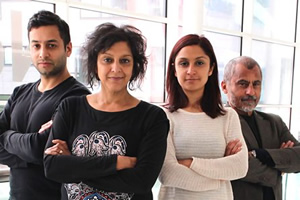 Bindi Business. Image shows from L to R: Raj (Chris Nayak), Bindi (Meera Syal), Anu (Krupa Pattani), Uncle Bash (Vincent Ebrahim). Copyright: BBC