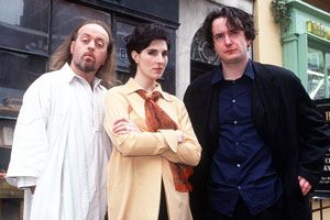 Black Books. Image shows from L to R: Manny Bianco (Bill Bailey), Fran Katzenjammer (Tamsin Greig), Bernard Black (Dylan Moran). Copyright: Assembly Film And Television