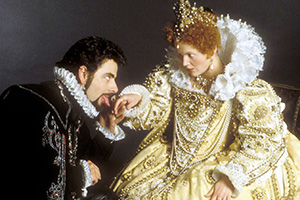 Blackadder. Image shows left to right: Lord Edmund Blackadder (Rowan Atkinson), Queen Elizabeth I (Miranda Richardson). Credit: BBC