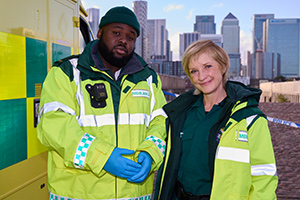 Bloods. Image shows from L to R: Maleek (Samson Kayo), Wendy (Jane Horrocks)