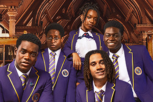 Boarders. Image shows left to right: Jaheim (Josh Tedeku), Omar (Myles Kamwendo), Leah (Jodie Campbell), Toby (Sekou Diaby), Femi (Aruna Jalloh)