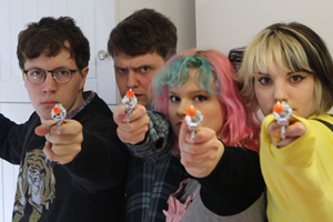 Boondoggle: The Intro Vids. Image shows from L to R: Sam (Sam Nicoresti), Tom (Tom Burgess), Zoe (Zoë Tomalin), Sian (Siân Docksey)