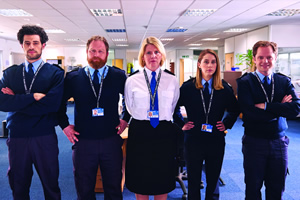 Borderline. Image shows from L to R: Tariq Mansoor (David Avery), Grant Brodie (Jamie Michie), Linda Proctor (Jackie Clune), Andy Church (Liz Kingsman), Clive Hassler (David Elms). Copyright: Little Rock