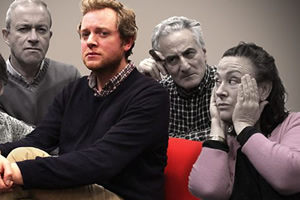 Boswell's Lives. Image shows from L to R: Harold Pinter (Harry Enfield), James Boswell (Miles Jupp), Sigmund Freud (Henry Goodman), Maria Callas (Arabella Weir). Copyright: BBC