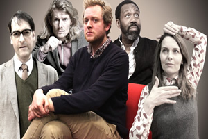 Boswell's Lives. Image shows from L to R: Alan Bennett (Alistair McGowan), Karl Marx (Julian Rhind-Tutt), James Boswell (Miles Jupp), Muhammad Ali (Lenny Henry), Madonna (Debra Stephenson). Copyright: BBC