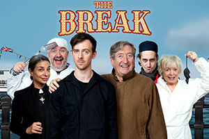 The Break. Image shows from L to R: The Reverend Beverley (Shobna Gulati), Fish Shop Frank (Mark Benton), Andy (James Northcote), Uncle Jeff (Philip Jackson), Max (Rasmus Hardiker), Corinne (Alison Steadman). Copyright: ABsoLuTeLy Productions