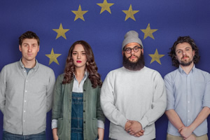 Brexit Stage Left. Image shows from L to R: Sean McLoughlin, Fern Brady, Jamali Maddix, Alfie Brown