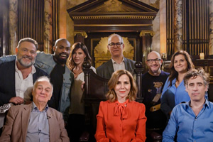 Britain's Greatest Comedian. Image shows from L to R: John Thomson, Roy Hudd, Darren Harriott, Ronni Ancona, David Quantick, Sally Phillips, Boyd Hilton, Nina Wadia, Stephen Mangan. Copyright: Crook Productions