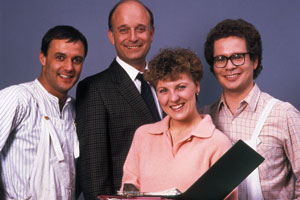 Brush Strokes. Image shows from L to R: Jacko (Karl Howman), Lionel Bainbridge (Gary Waldhorn), Sandra (Jackie Lye), Eric (Mike Walling). Copyright: BBC