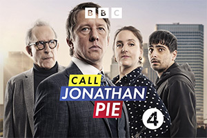 Call Jonathan Pie. Image shows left to right: Roger (Nick Revell), Jonathan Pie (Tom Walker), Jules (Lucy Pearman), Sam (Aqib Khan)