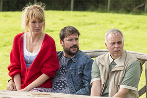 Camping. Image shows from L to R: Fay (Julia Davis), Tom (Rufus Jones), Robin (Steve Pemberton). Copyright: Baby Cow Productions