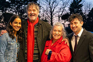 Can You Keep A Secret?. Image shows left to right: Neha (Mandip Gill), William Fenton (Mark Heap), Debbie Fenton (Dawn French), Harry (Craig Roberts)