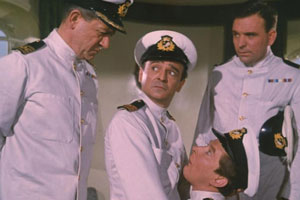 Carry On Cruising. Image shows from L to R: Captain Wellington Crowther (Sid James), Dr Arthur Binn (Kenneth Connor), First Officer Leonard Marjoribanks (Kenneth Williams)