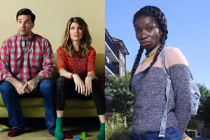 Catastrophe and Chewing Gum. Image shows from L to R: Rob (Rob Delaney), Sharon (Sharon Horgan), Tracey Gordon (Michaela Coel)