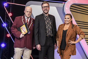 CelebAbility. Image shows from L to R: Marek Larwood, Iain Stirling, Scarlett Moffatt. Copyright: Potato