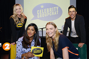 Celebrity Groupchat. Image shows from L to R: Laura Whitmore, Tina Daheley, Jodie Kidd, Russell Kane. Copyright: Lime Pictures