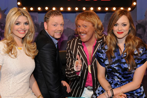 Celebrity Juice. Image shows from L to R: Holly Willoughby, Rufus Hound, Leigh Francis, Fearne Cotton