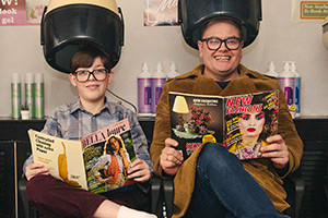 Changing Ends. Image shows left to right: Young Alan Carr (Oliver Savell), Present Day Alan (Alan Carr)