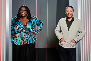 Channel Hopping With Jon Richardson. Image shows from L to R: Judi Love, Jon Richardson. Copyright: Rumpus Media