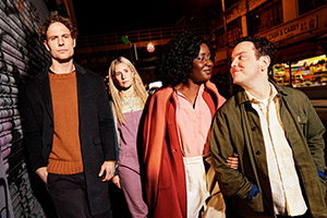 Cheaters. Image shows left to right: Zack (Jack Fox), Esther (Callie Cooke), Fola (Susan Wokoma), Josh (Joshua McGuire)