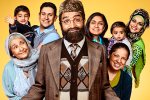 Citizen Khan. Image shows from L to R: Naani (Adlyn Ross), Amjad (Abdullah Afzal), Mr Khan (Adil Ray), Shazia (Krupa Pattani), Mrs Khan (Shobu Kapoor), Alia (Bhavna Limbachia). Copyright: BBC