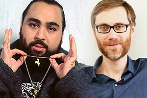 Image shows from L to R: Stephen Merchant, Asim Chaudhry