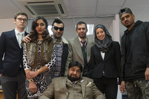 Coconut. Image shows from L to R: James Perry (Ben Ashenden), Camilla Armstrong (Krupa Pattani), Tommy Khan (Peter Singh), Ahmed Armstrong (Humza Arshad), Bilal Khan (Muj Shah), Halima Thomas (Harrie Hayes), Abdul Dulab (Char Avell). Copyright: Big Deal Films