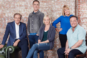 Cold Feet. Image shows from L to R: David Marsden (Robert Bathurst), Adam Williams (James Nesbitt), Karen Marsden (Hermione Norris), Jenny Gifford (Fay Ripley), Pete Gifford (John Thomson). Copyright: Big Talk Productions