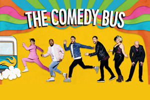 The Comedy Bus. Image shows from L to R: Suzi Ruffell, Darren Harriott, Joel Dommett, Iain Stirling, Kiri Pritchard-McLean, Tom Allen