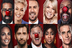 Comic Relief. Image shows from L to R: Romesh Ranganathan, Alesha Dixon, Emma Willis, David Tennant, Paddy McGuinness, Rob Beckett, Zoe Ball, Maya Jama, Lenny Henry, Joe Sugg. Copyright: BBC