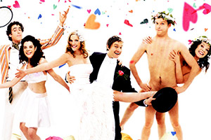 Confetti. Image shows from L to R: Josef (Stephen Mangan), Isabelle (Meredith MacNeill), Sam (Jessica Hynes), Matt (Martin Freeman), Michael (Robert Webb), Joanna (Olivia Colman). Copyright: BBC