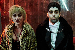 Count Abdulla. Image shows left to right: Kathy (Jaime Winstone), Abdulla Khan (Arian Nik)