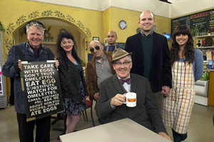 Count Arthur Strong. Image shows from L to R: Eggy (Dave Plimmer), Birdie (Bronagh Gallagher), John The Watch (Andy Linden), Bulent (Chris Ryman), Count Arthur Strong (Steve Delaney), Michael Baker (Rory Kinnear), Sinem (Zahra Ahmadi)