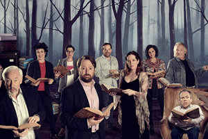 Crackanory. Image shows from L to R: Simon Callow, Ruby Wax, Sue Perkins, David Mitchell, Ben Miller, Katherine Parkinson, Meera Syal, Rik Mayall, Warwick Davis. Copyright: Tiger Aspect Productions