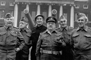 Dad's Army. Image shows from L to R: Lance Corporal Jones (Clive Dunn), Private Godfrey (Arnold Ridley), ARP Warden Hodges (Bill Pertwee), Captain Mainwaring (Arthur Lowe), Private Frazer (John Laurie), Sergeant Wilson (John Le Mesurier). Copyright: BBC