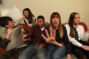 The Daly Grind. Image shows from L to R: Liam (Cameron Wilkie), Lucy (Bea Tena-Hutchinson), Joe (Jordan Young), Tracey (Scarlett Mack), Katlyn (Rachel Doherty). Copyright: BBC