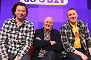 Dara O Briain's Go 8 Bit. Image shows from L to R: Sam Pamphilon, Dara O Briain, Steve McNeil. Copyright: DLT Entertainment Ltd.