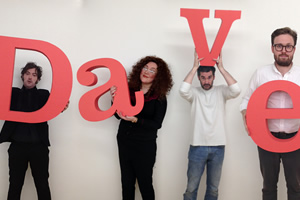 Dave TALKS. Image shows from L to R: Nick Helm, Summer Girlfriend (Katy Wix), Rex Monolith (Adam Riches), 'John Kearns' (John Kearns)