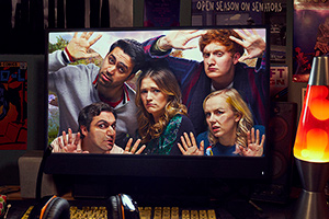 Dead Pixels. Image shows from L to R: Usman (Sargon Yelda), Russell (David Mumeni), Alison (Charlotte Ritchie), Nicholas 'Nicky' Kettle (Will Merrick), Megan 'Meg' Jefferies (Alexa Davies)