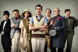 Decline And Fall. Image shows from L to R: Philbrick (Stephen Graham), Predergast (Vincent Franklin), Margot Beste-Chetwynde (Eva Longoria), Paul Pennyfeather (Jack Whitehall), Peter Beste-Chetwynde (Oscar Kennedy), Dr Fagan (David Suchet), Captain Grimes (Douglas Hodge)