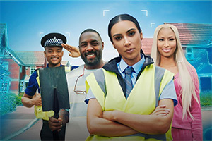 Deep Fake Neighbour Wars. Image shows left to right: Will Smith (Jason Lewis), Idris Elba (Aurie Styla), Kim Kardashian (Francine Lewis), Cardi B (Carmen Green)