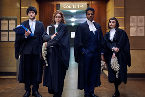 Defending The Guilty. Image shows from L to R: Will Packham (Will Sharpe), Caroline Bratt (Katherine Parkinson), Ashley (Prasanna Puwanarajah), Danielle (Gwyneth Keyworth). Copyright: Big Talk Productions