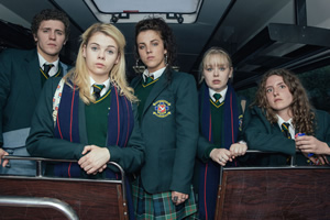 Derry Girls. Image shows from L to R: James Maguire (Dylan Llewellyn), Erin Quinn (Saoirse-Monica Jackson), Michelle Mallon (Jamie-Lee O'Donnell), Clare Devlin (Nicola Coughlan), Orla McCool (Louisa Harland). Copyright: Hat Trick Productions