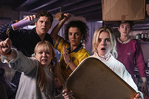 Derry Girls. Image shows from L to R: Clare Devlin (Nicola Coughlan), James Maguire (Dylan Llewellyn), Michelle Mallon (Jamie-Lee O'Donnell), Erin Quinn (Saoirse-Monica Jackson), Orla McCool (Louisa Harland). Copyright: Hat Trick Productions