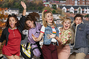 Derry Girls. Image shows from L to R: Michelle Mallon (Jamie-Lee O'Donnell), Orla McCool (Louisa Harland), Erin Quinn (Saoirse-Monica Jackson), Clare Devlin (Nicola Coughlan), James Maguire (Dylan Llewellyn)