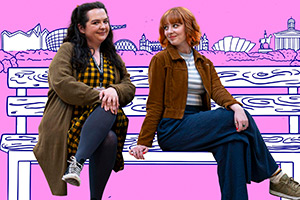 Dinosaur. Image shows left to right: Nina (Ashley Storrie), Evie (Kat Ronney)