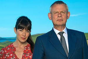 Doc Martin. Image shows from L to R: Louisa Glasson (Caroline Catz), Dr Martin Ellingham (Martin Clunes)