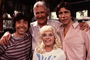 Don't Rock The Boat. Image shows from L to R: Billy (David Janson), Jack Hoxton (Nigel Davenport), Dixie (Sheila White), Les (John Price). Copyright: Thames Television