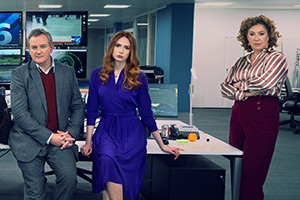 Douglas Is Cancelled. Image shows left to right: Douglas (Hugh Bonneville), Madeline (Karen Gillan), Sheila (Alex Kingston)