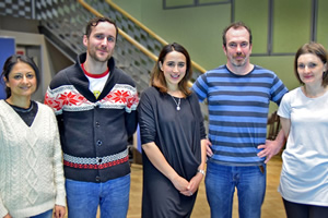 Drivetime. Image shows from L to R: Maryam Hamidi, Danny (Robert Jack), Shazia (Nalini Chetty), Andrew (Gavin Mitchell), Michelle (Ashley Smith). Copyright: BBC